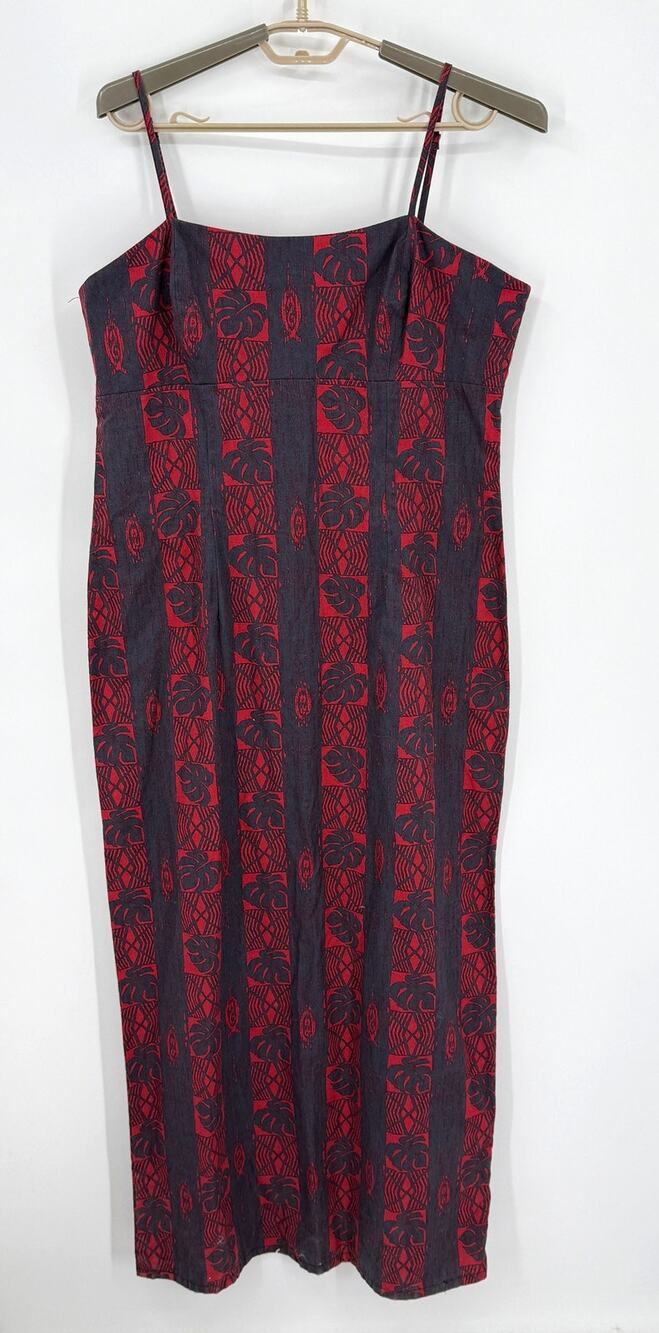 The Hawaiian Original Block Print Maxi Shift Dress Palm Leaf Blue Red Size Large